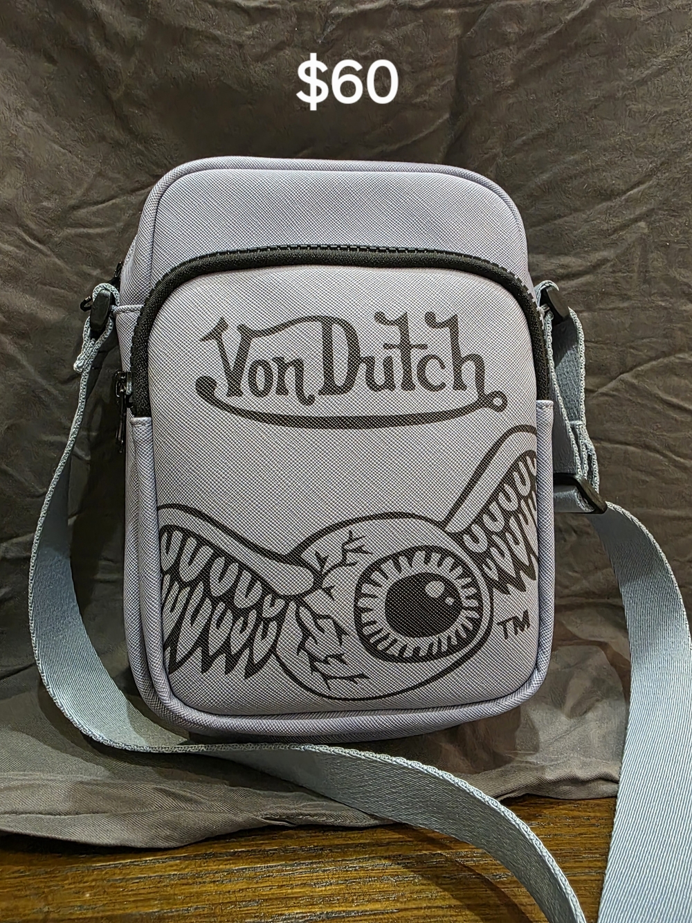 Von Dutch Light Gray Winged Eyeball Crossbody Bag
